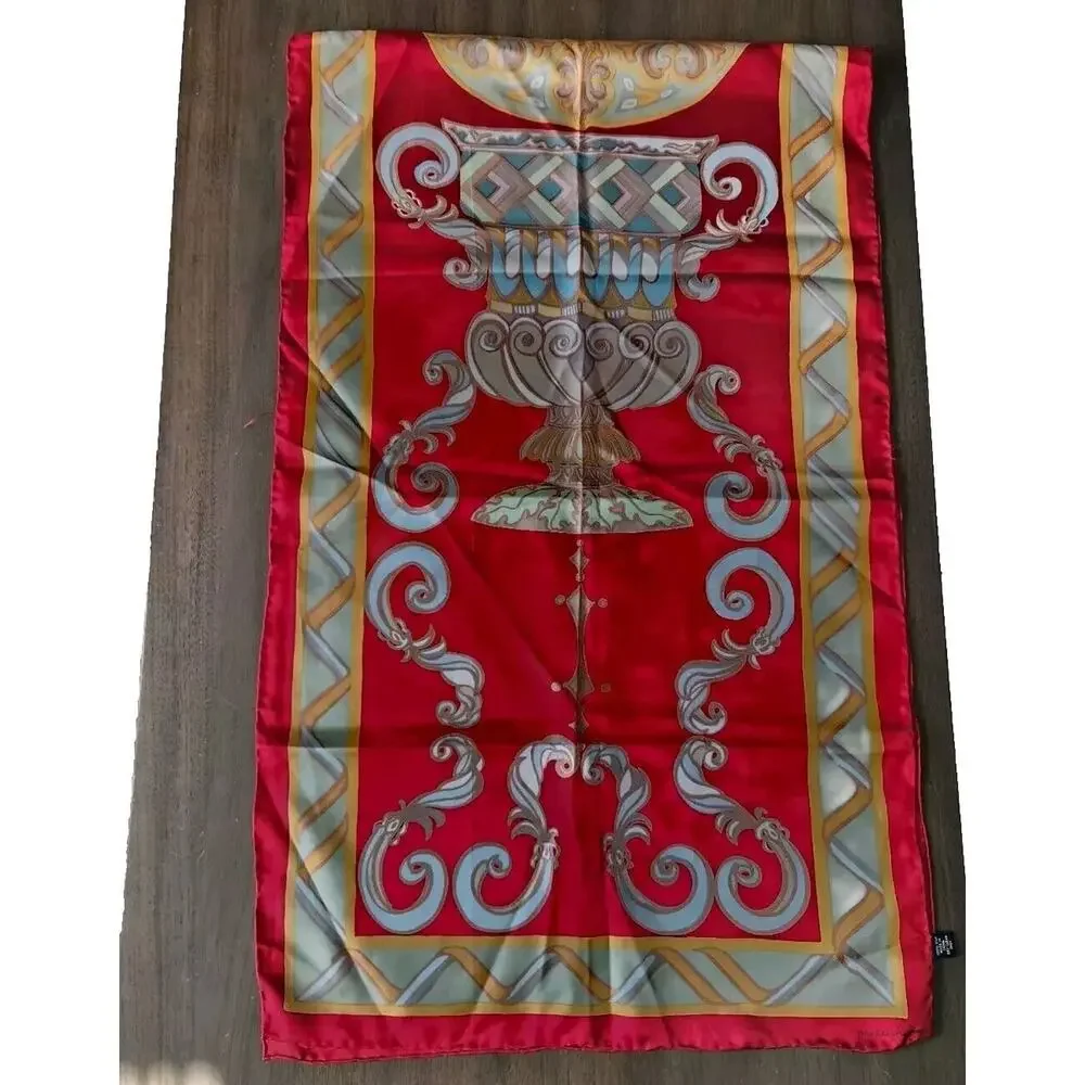 Vintage SW Kearney Neoclassical Print Silk Scarf 18.5×62.5 Red & Gold Old Money